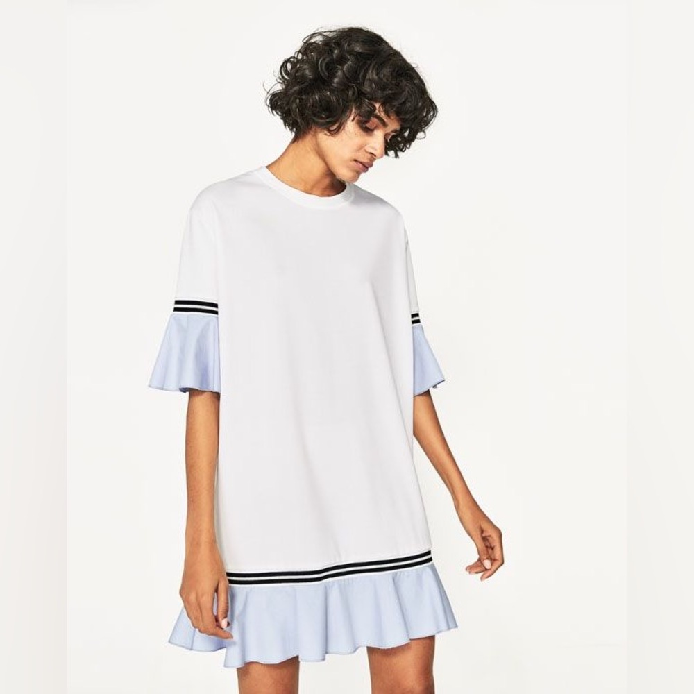 Zara White and Blue Ruffle dress